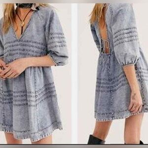 Free People Light Blue Acid Wash Sweet Surrender Balloon Denim Mini Dress